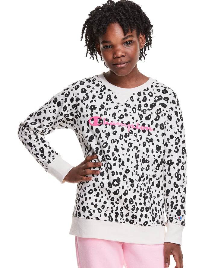 Champion Fleece Raglan Leopard Print Kiz Çocuk Sweatshirt Siyah/Beyaz ( UJDFEV471 )